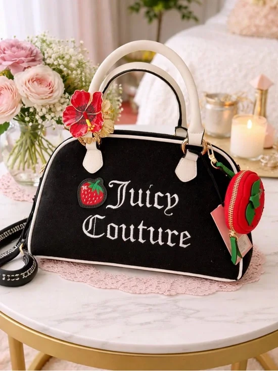 Juicy Couture Black Satchel with White Trim & Strawberry Charm - Picture 2 of 16